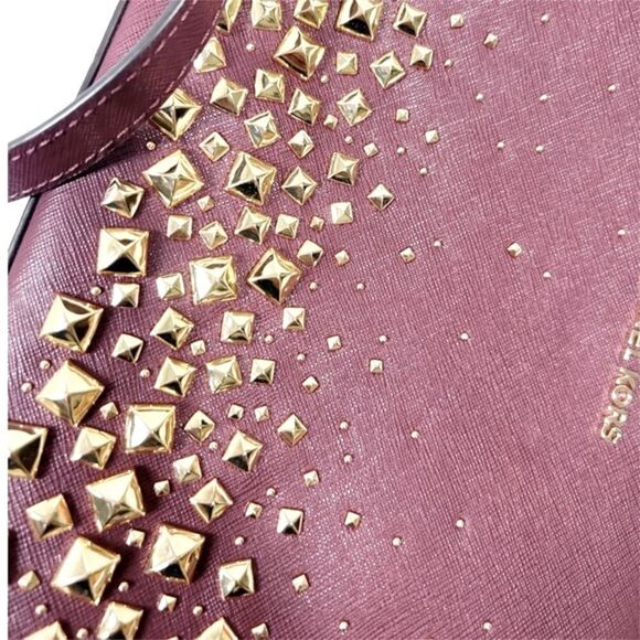 Michael Kors Selma Medium Saffiano Leather Satchel Studded/Love in Merlot - Picture 2 of 7